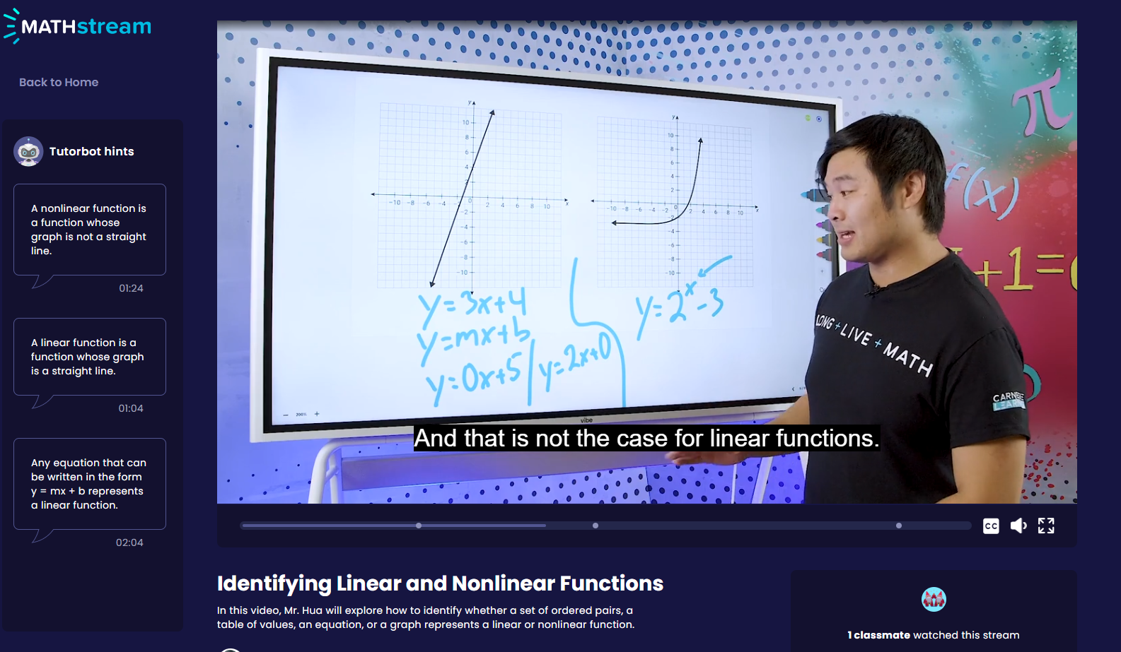 Sample screenshots of the MATHstream platform, including the landing page for students (left) and the stream player (right)