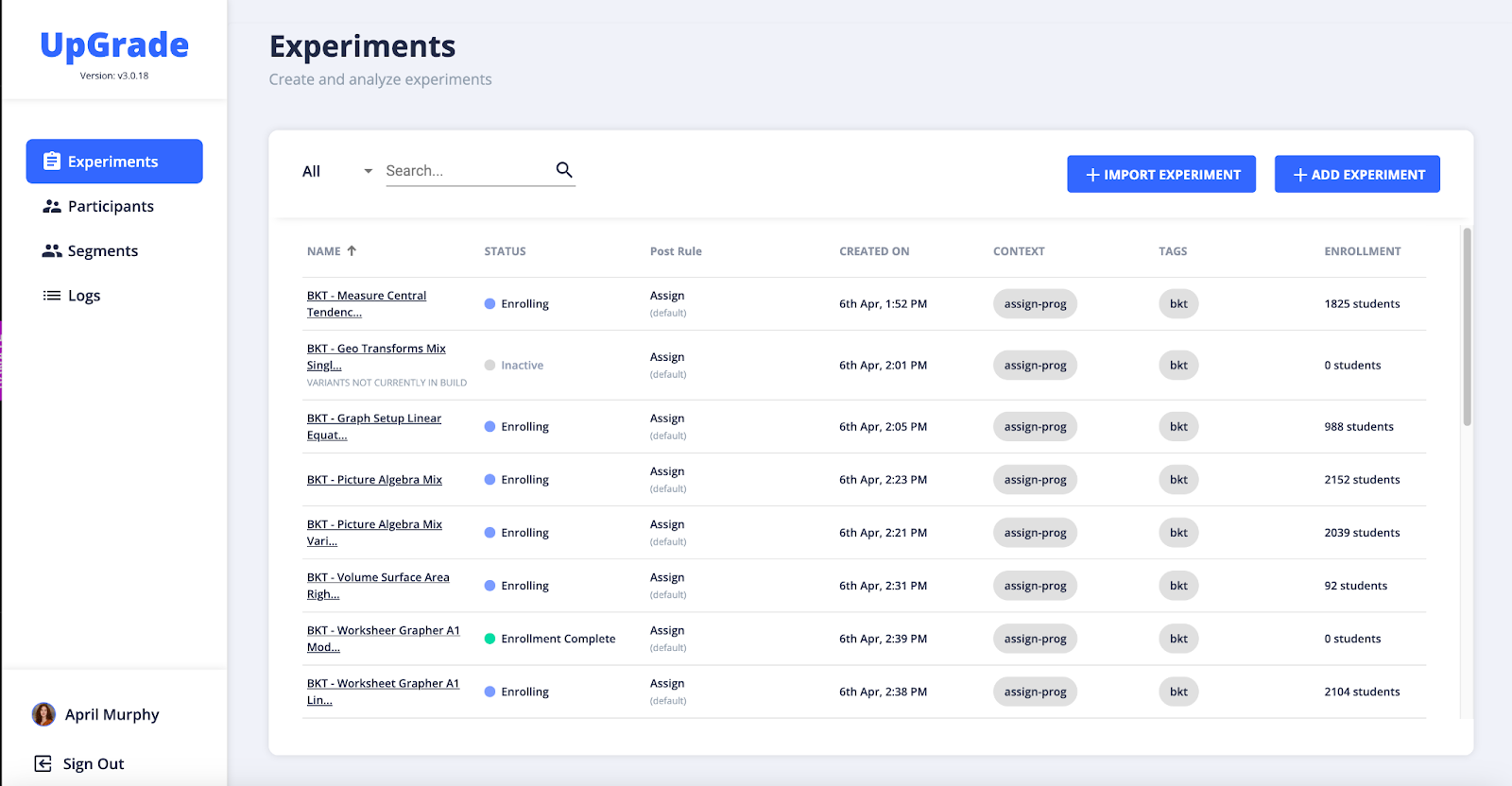 Sample screenshots of the UpGrade platform including (top left) the UpGrade landing page listing all active experiments, (top right) a results tab for a given experiment demonstrating enrollment numbers across months in each condition, (bottom left) a screen from the set up workflow where the experimental design is implemented including decision points and conditions, and (bottom right) another page from the set up flow where researchers can indicate which users to include in and which to exclude from the experiment