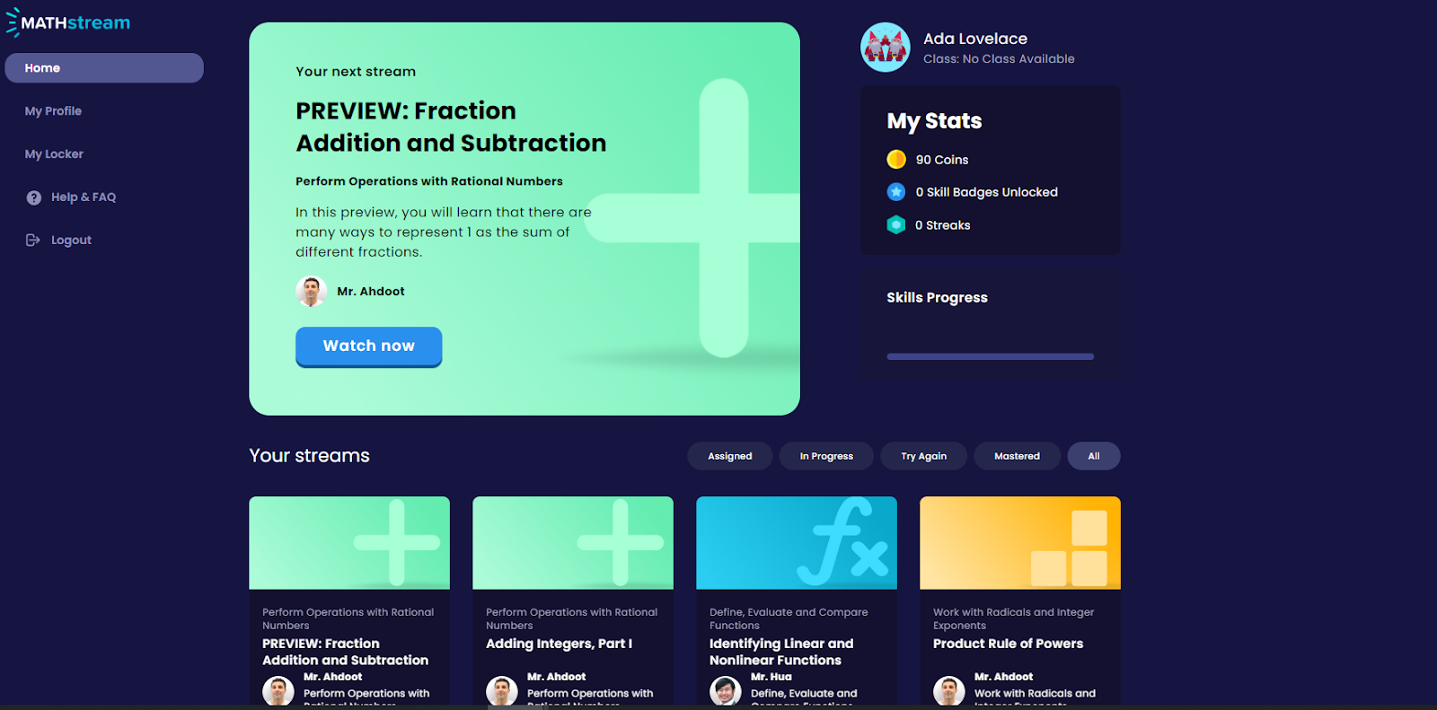 Sample screenshots of the MATHstream platform, including the landing page for students (left) and the stream player (right)