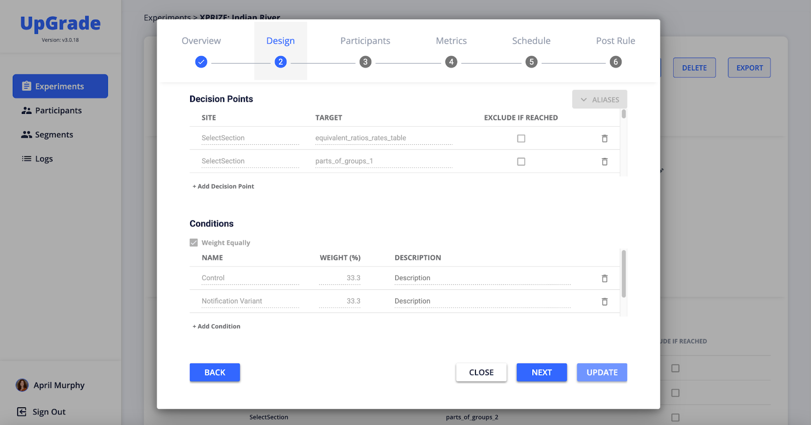 Sample screenshots of the UpGrade platform including (top left) the UpGrade landing page listing all active experiments, (top right) a results tab for a given experiment demonstrating enrollment numbers across months in each condition, (bottom left) a screen from the set up workflow where the experimental design is implemented including decision points and conditions, and (bottom right) another page from the set up flow where researchers can indicate which users to include in and which to exclude from the experiment