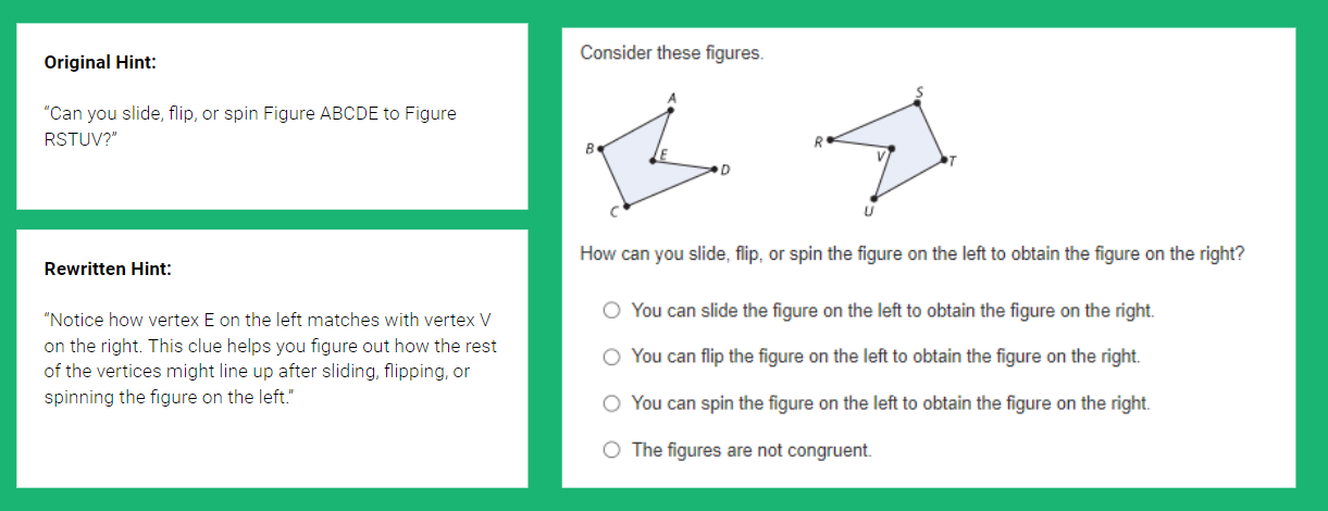 Example of rewritten content from our “Hint Rewrite” experiment. Each hint on the left is associated with the assessment item on the right. The hint on the top is the original content, while the hint on the bottom is the content that was rewritten with the help of an LLM.